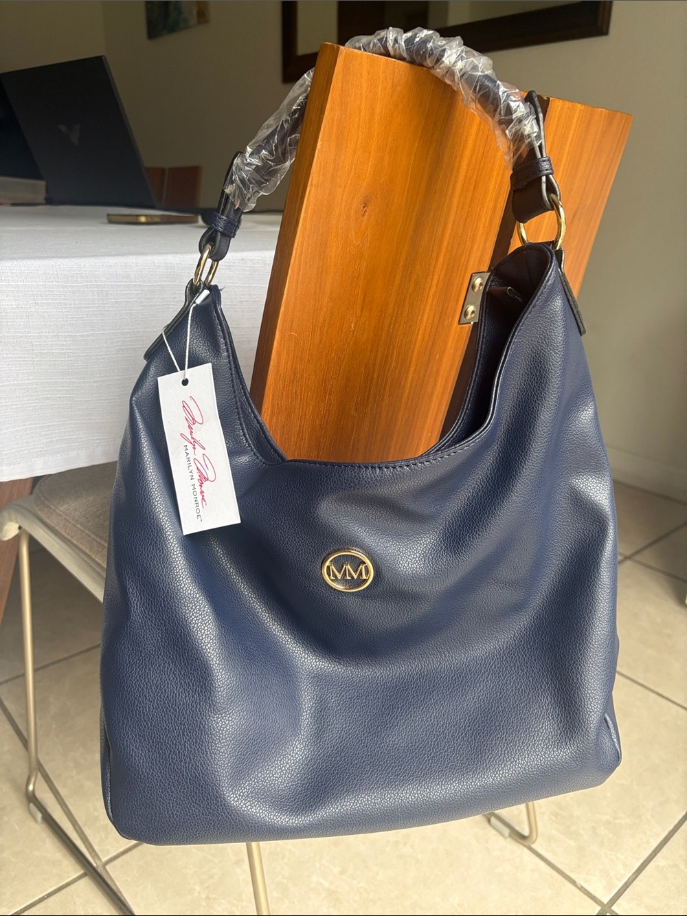 Marilyn Monroe Navy Pebbled Leather Hobo with Gold Logo